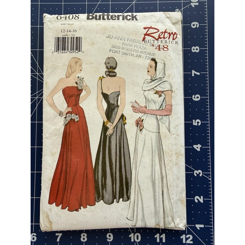 VTG Butterick Retro 48 Pattern 6408 Floor Length Dress & Hooded Scarf Size 12-16